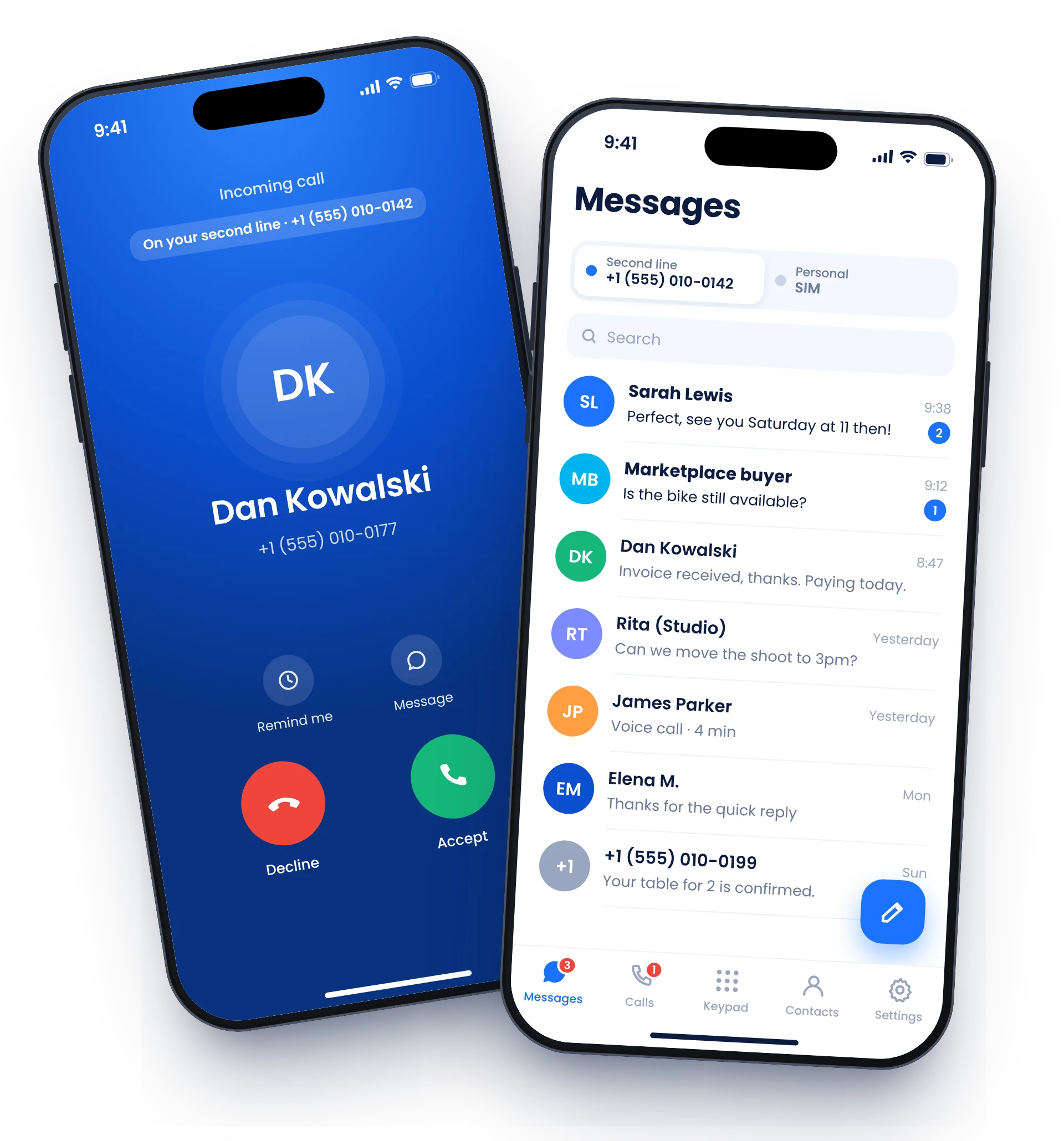 The SecondMobileNumber app: an incoming call on the second line, and the Messages inbox with the second-line switcher