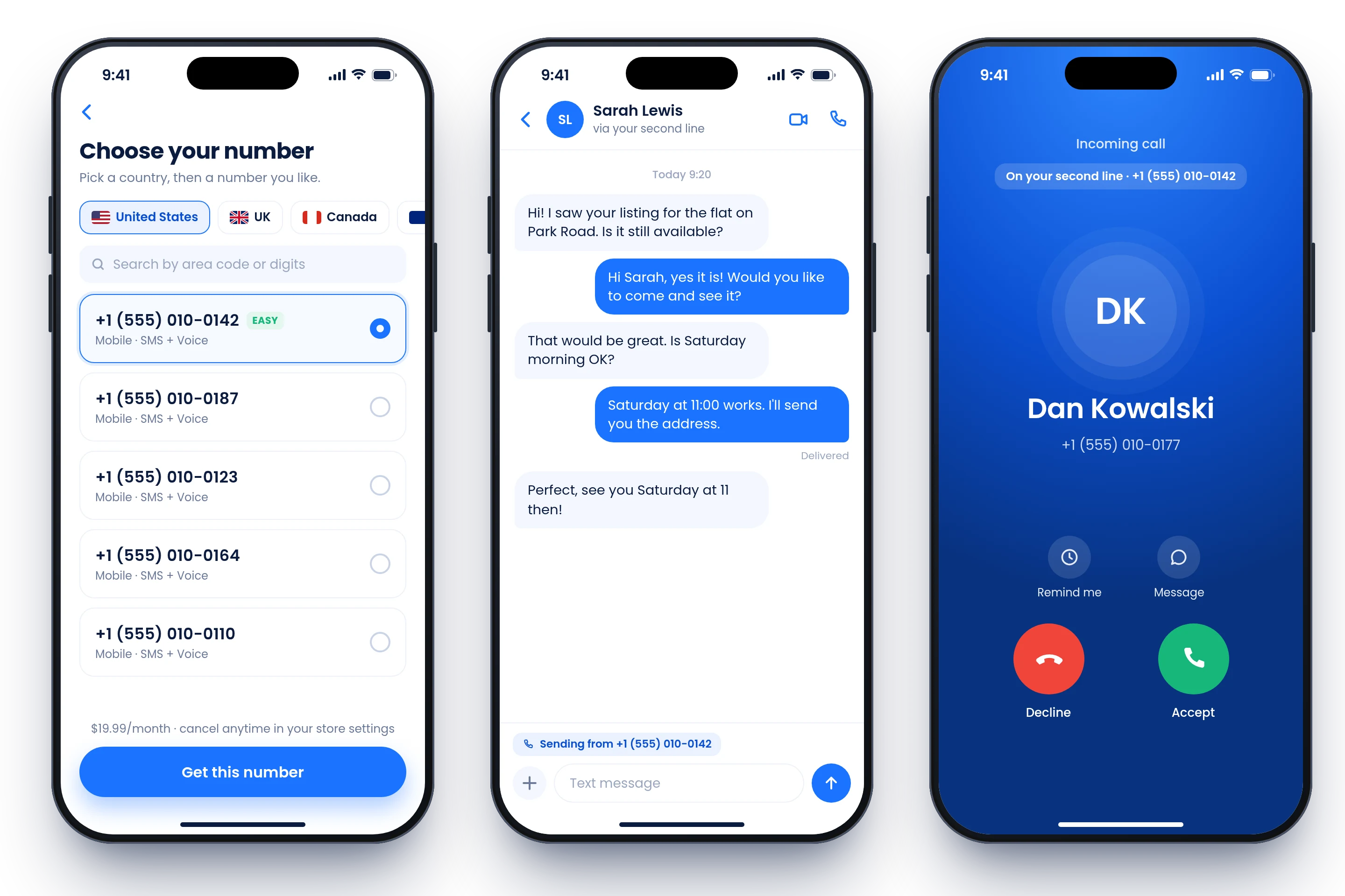 App screens: choosing a number, texting from the second line, and an incoming call on the second line